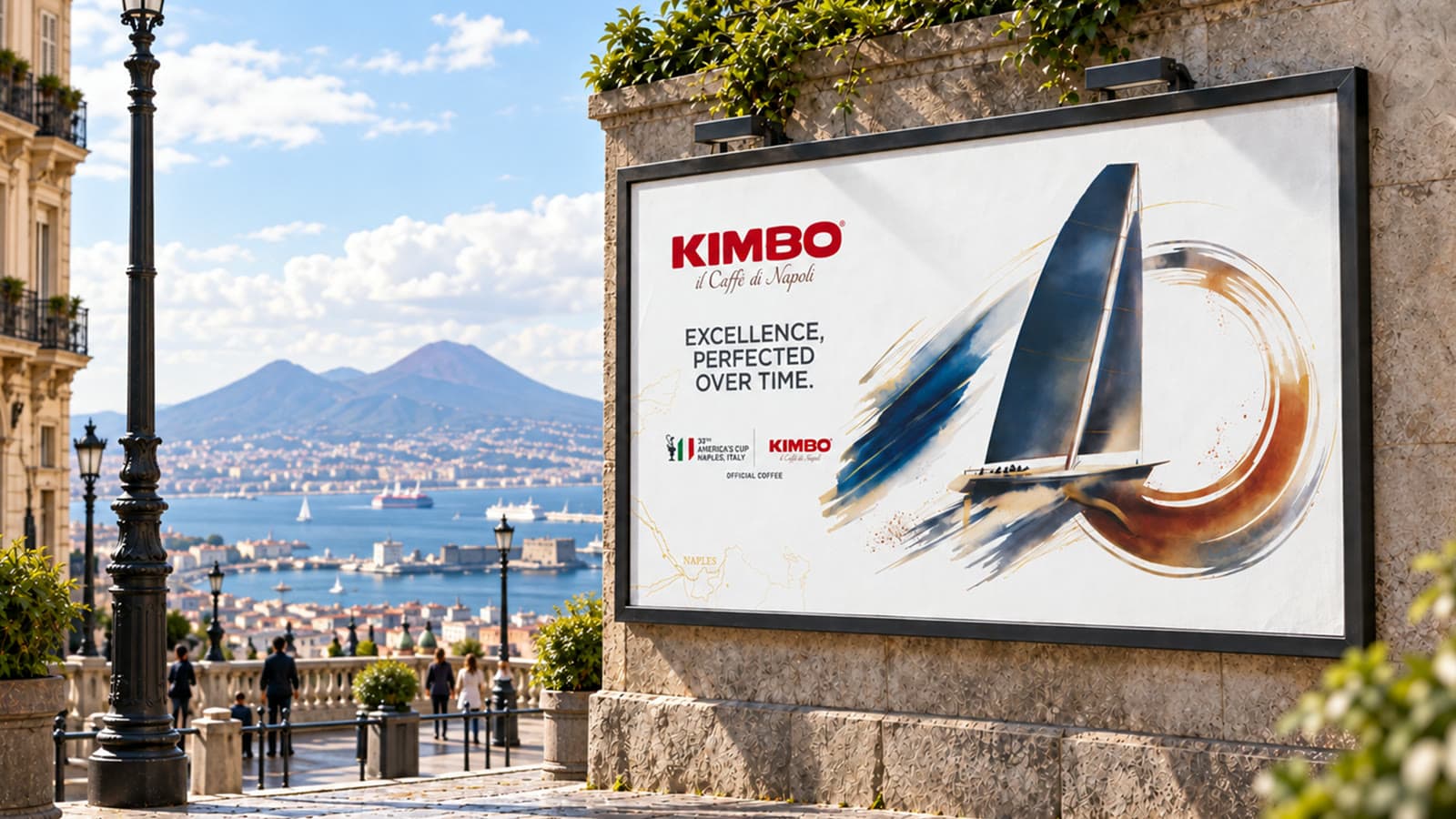Affissione Kimbo per la 38ª America’s Cup, con il Golfo di Napoli sullo sfondo